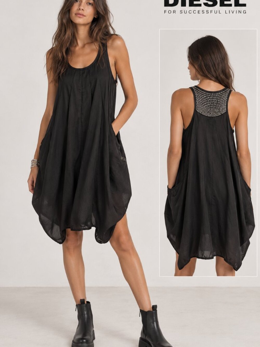 Diesel Black Sleeveless Dress XL Sequin Studded Back Bubble Hem Y2K 0763